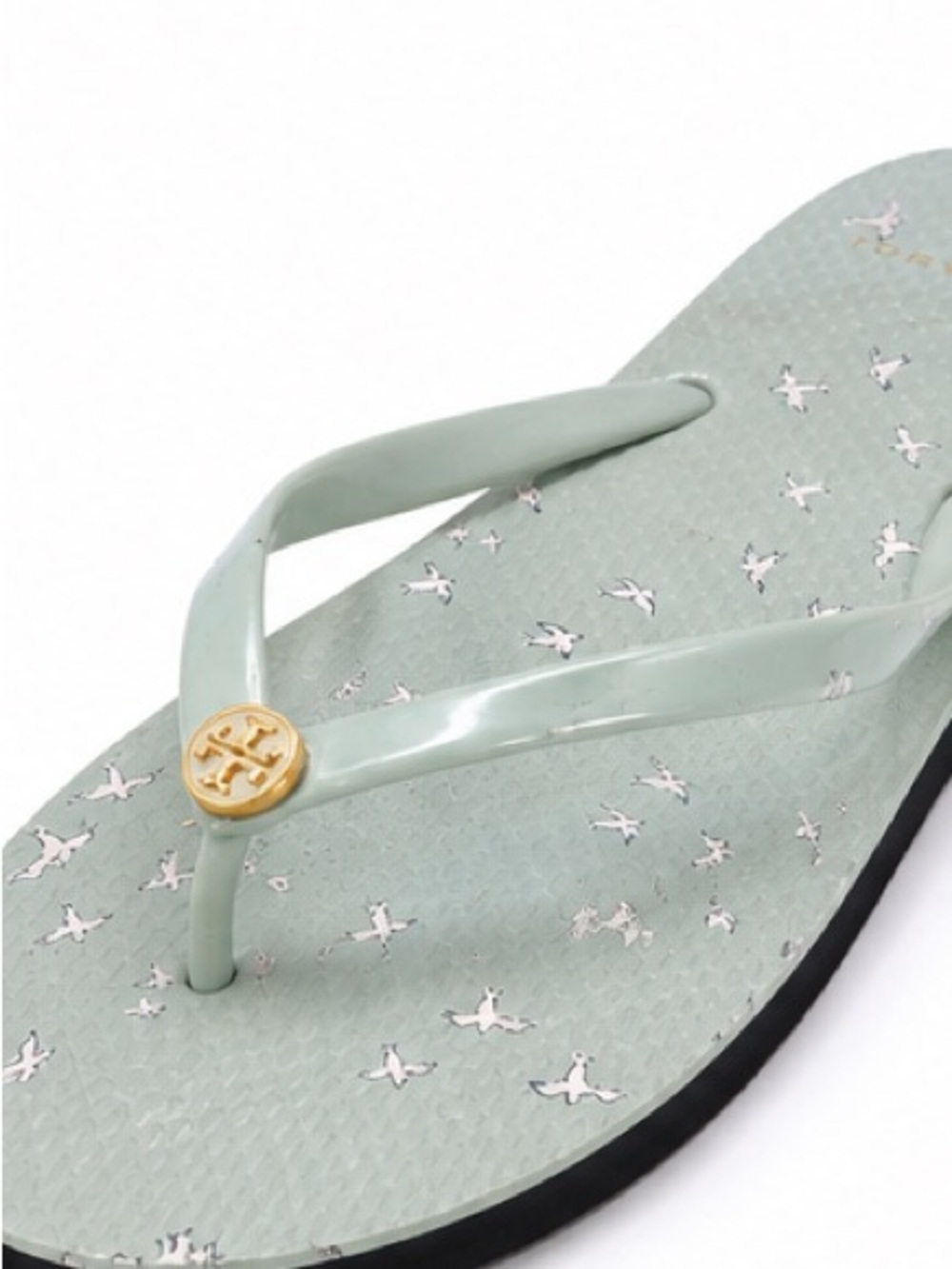Tory Burch Mint Green Bird Print Flip Flops Sandals Logo Thong Slides - Picture 2 of 3